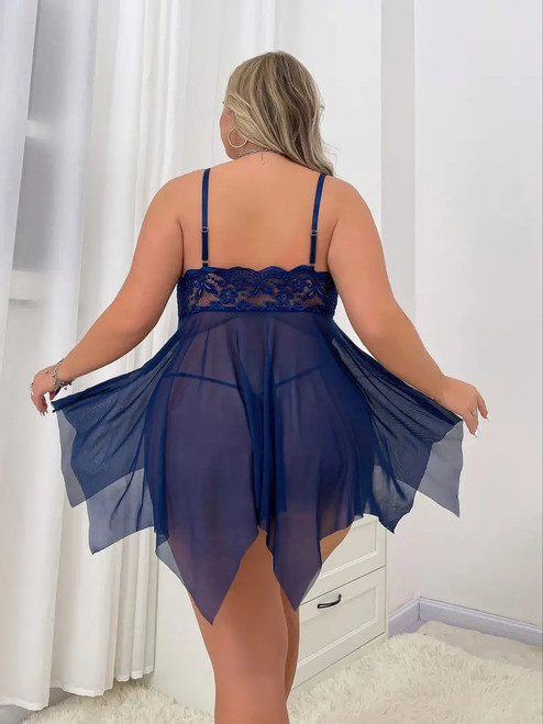 Plus size sheer blue babydoll with soft lace cups, over bust bands, stretch lace back, sheer flowing skirt with sexy front split, handkerchief style hemline and matching sheer G-String.