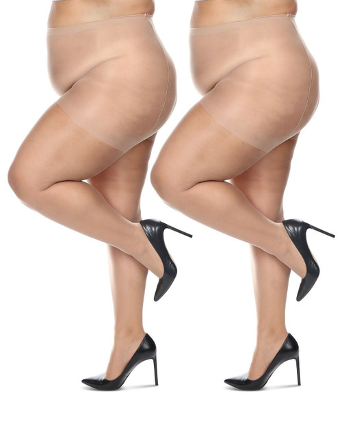 Plus size sheer transparent tights with soft waistband and control top.