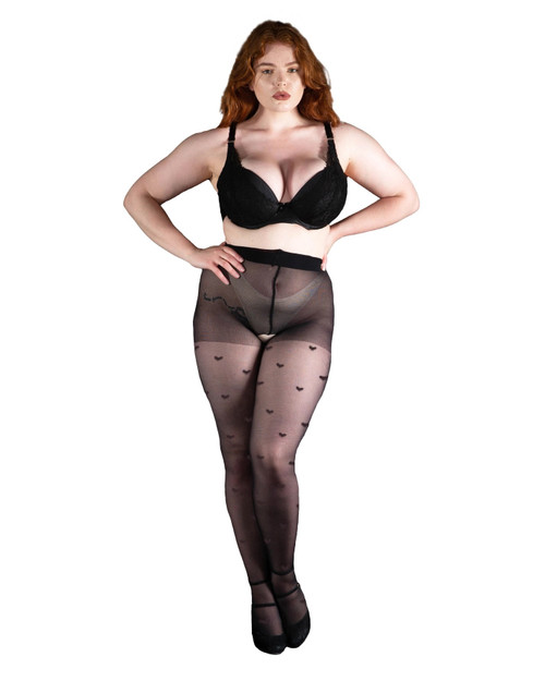 Plus size black, sheer crotchless tights with sheer bodice, black waistband, sheer black tights with love heart detail.