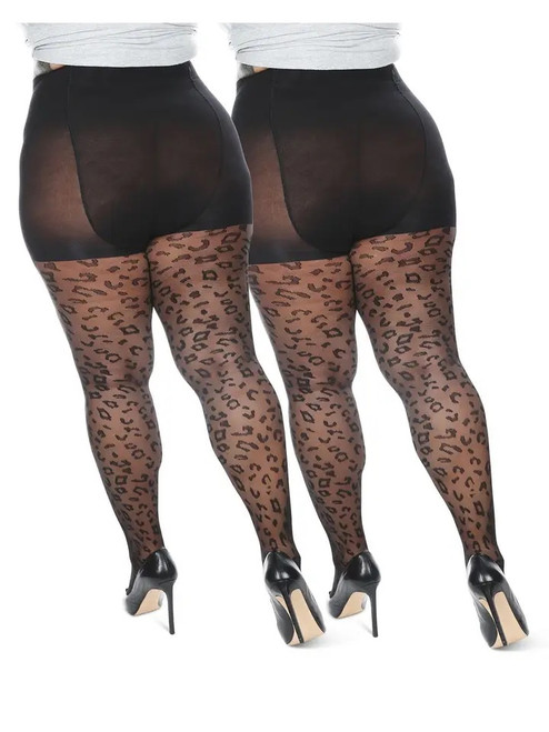 Female model wearing plus size leopard print tights and black