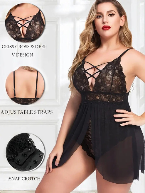Plus size female model wearing black teddy lingerie with smaller images showing the front detail of the lingerie and the back view. Plus size female model wearing black teddy lingerie with smaller images showing the front detail of the lingerie and the back view.