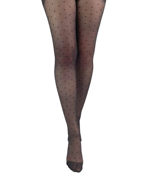 Sheer black tights with all over black dot detail, black back seams with satin ribbon bow heel detail.