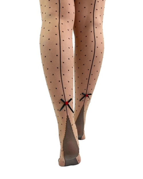 Sheer tights with all over dot detail, back seams with red satin bow heel detail.