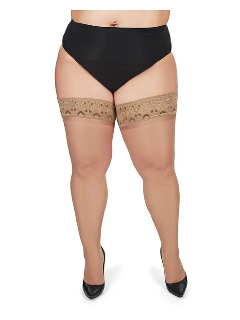 Plus size female model wearing, sheer thigh high stay up  stockings with lace tops.