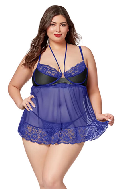 Plus size blue babydoll with black satin cups, lace trim, a sheer skirt with lace hem and matching satin and sheer g-string.