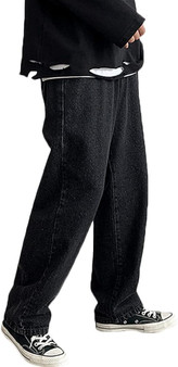 Men's Loose Fit Straight Leg Denim Jeans Baggy Wide Leg Plain Pants Trousers