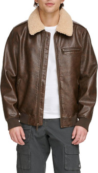 Men's Faux Leather Aviator Bomber Jacket with Sherpa Collar
