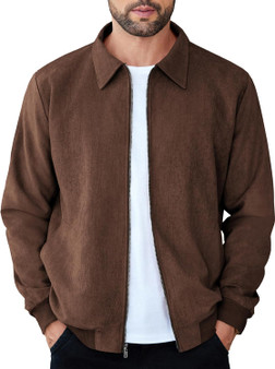 Men's Casual Suede Bomber Jacket Lightweight Full Zip Up Jackets Vintage Faux Leather Jacket