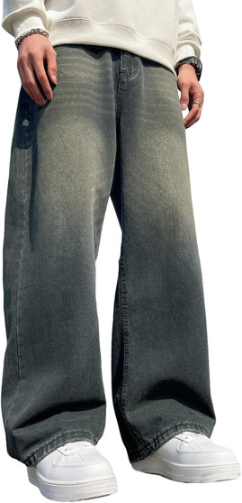 Mens Hip Hop Baggy Jeans Wide Leg Stylish Skater Jeans Casual Loose Fit Denim Pants Streetwear