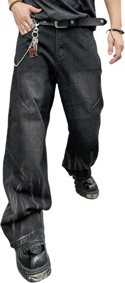 Men's Irregular Sutures Hip Hop Baggy Jeans Wide Leg Denim Pants Casual Loose Fit Trousers Streetwear