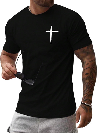 Men's Cross Print Short Sleeve T Shirt Crewneck Tee Shirts