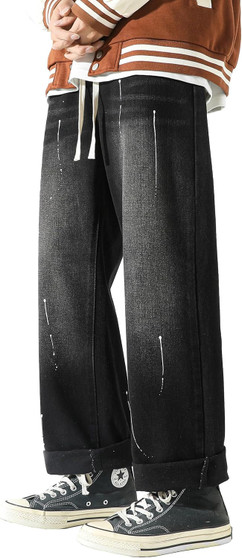 Men's Work Jeans Casual Hip Hop Cargo Solid Color Loose Fit Straight Wide Leg Cotton Denim Pants with Zipper