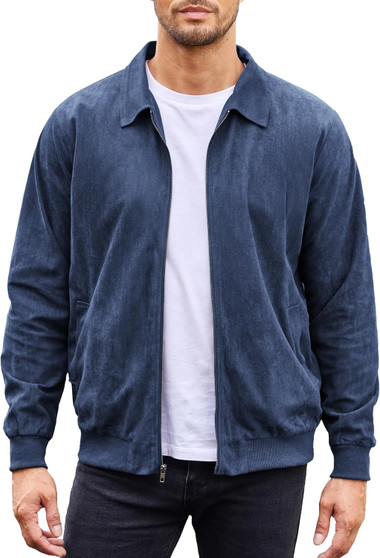 Men's Casual Suede Bomber Jacket Lightweight Full Zip Up Jackets Vintage Faux Leather Jacket