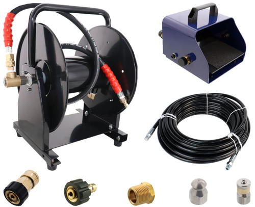 Scheiffer Sewer Jetter Kit - Foot Pedal Hose Reel 1/4" x 100' Hose and Nozzles Scheiffer Sewer Jetter Kit - Foot Pedal Hose Reel 1/4" x 100' Hose and Nozzles