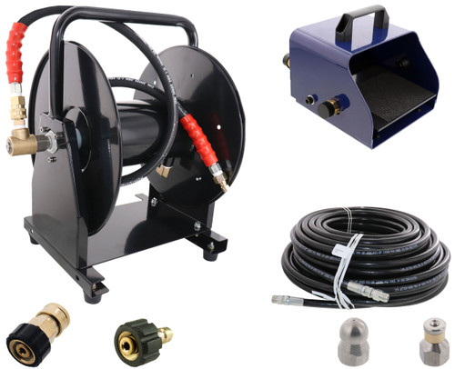 Scheiffer Sewer Jetter Kit - Foot Pedal Hose Reel 3/8" x 150' Hose and Nozzles Scheiffer Sewer Jetter Kit - Foot Pedal Hose Reel 3/8" x 150' Hose and Nozzles
