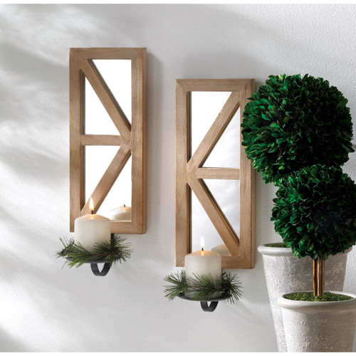 MIRRORED WOOD CANDLE SCONCE SET MIRRORED WOOD CANDLE SCONCE SET