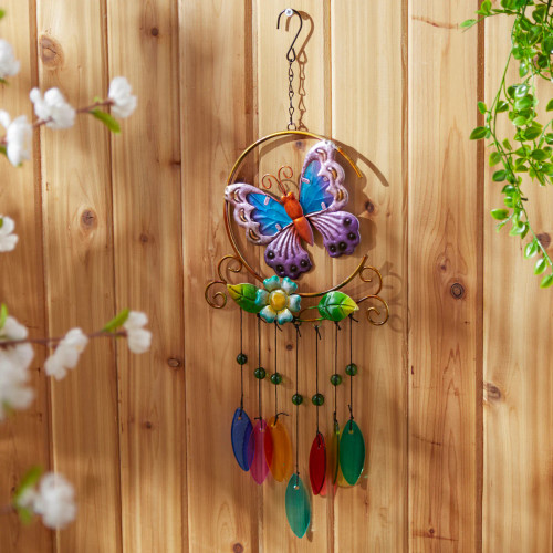 Butterfly Iron Ornament with Glass Leaves Wind Chime - Decorative Garden Hanging Decor Butterfly Iron Ornament with Glass Leaves Wind Chime - Decorative Garden Hanging Decor