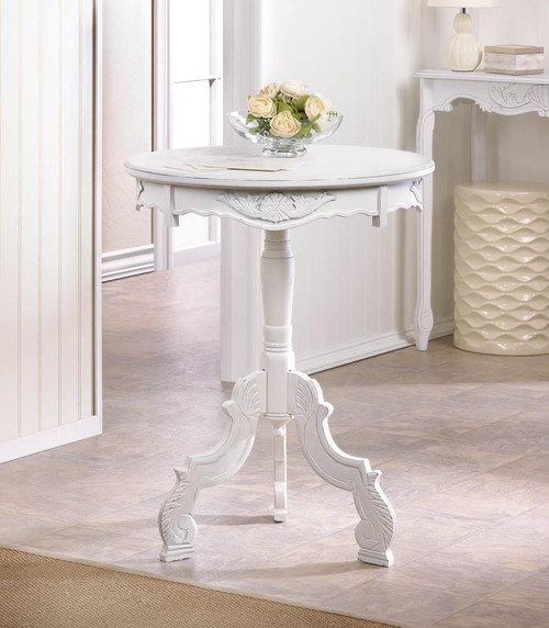 Distressed White Finish Wooden Round Accent Table Side End Carved Legs