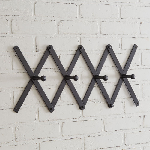 Black Metal Accordion Peg Coat Rack with 4 Hooks Adjustable Entryway Mudroom