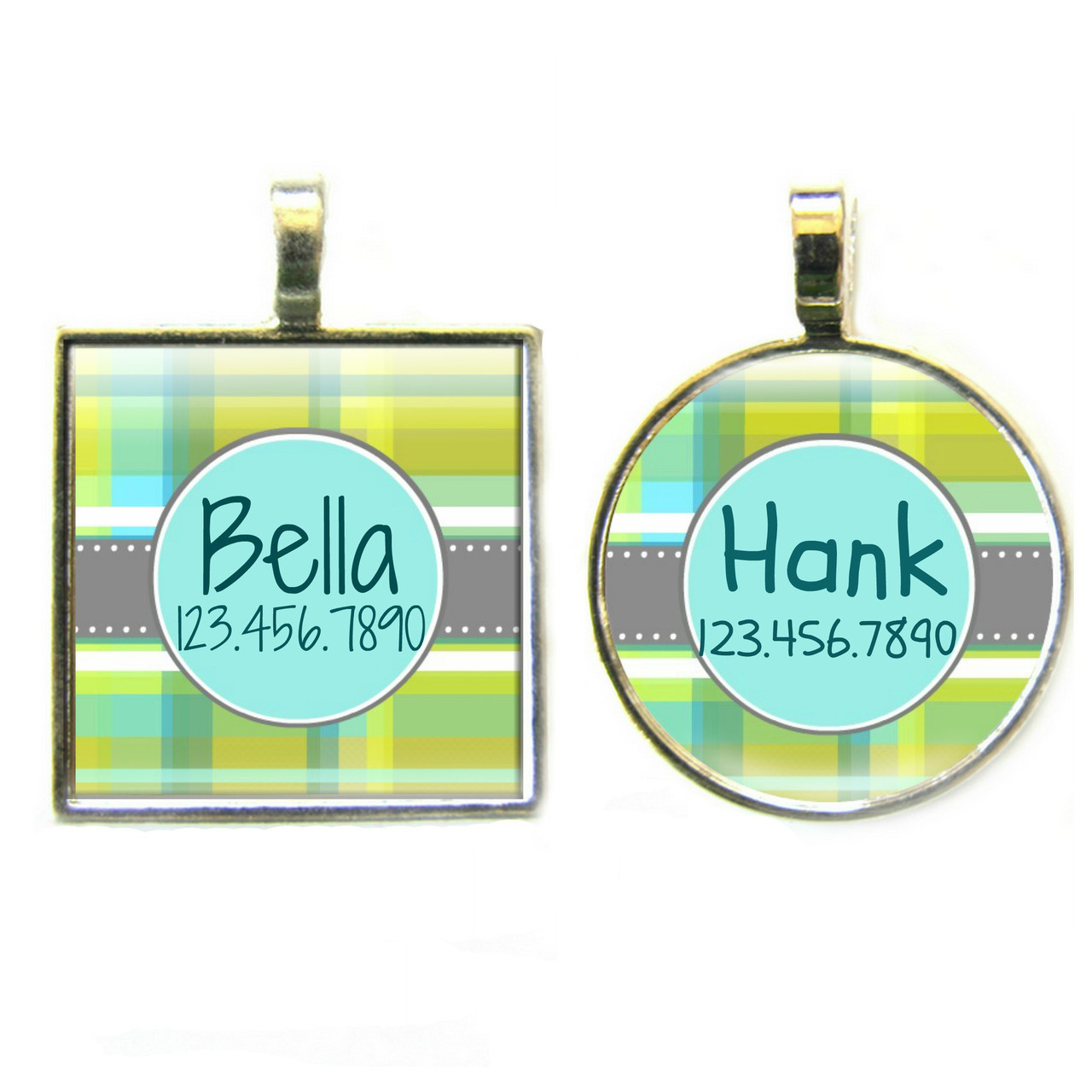 Blue and Green Plaid Silver Pet ID Tags