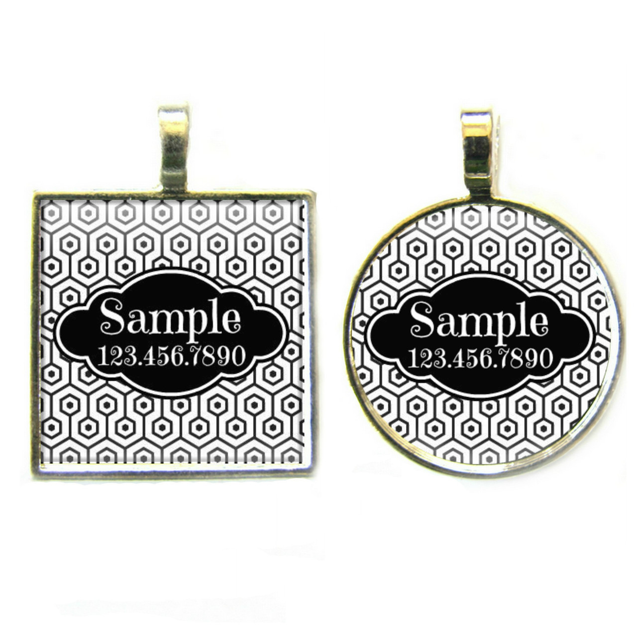 Black Geometric Silver Pet ID Tags