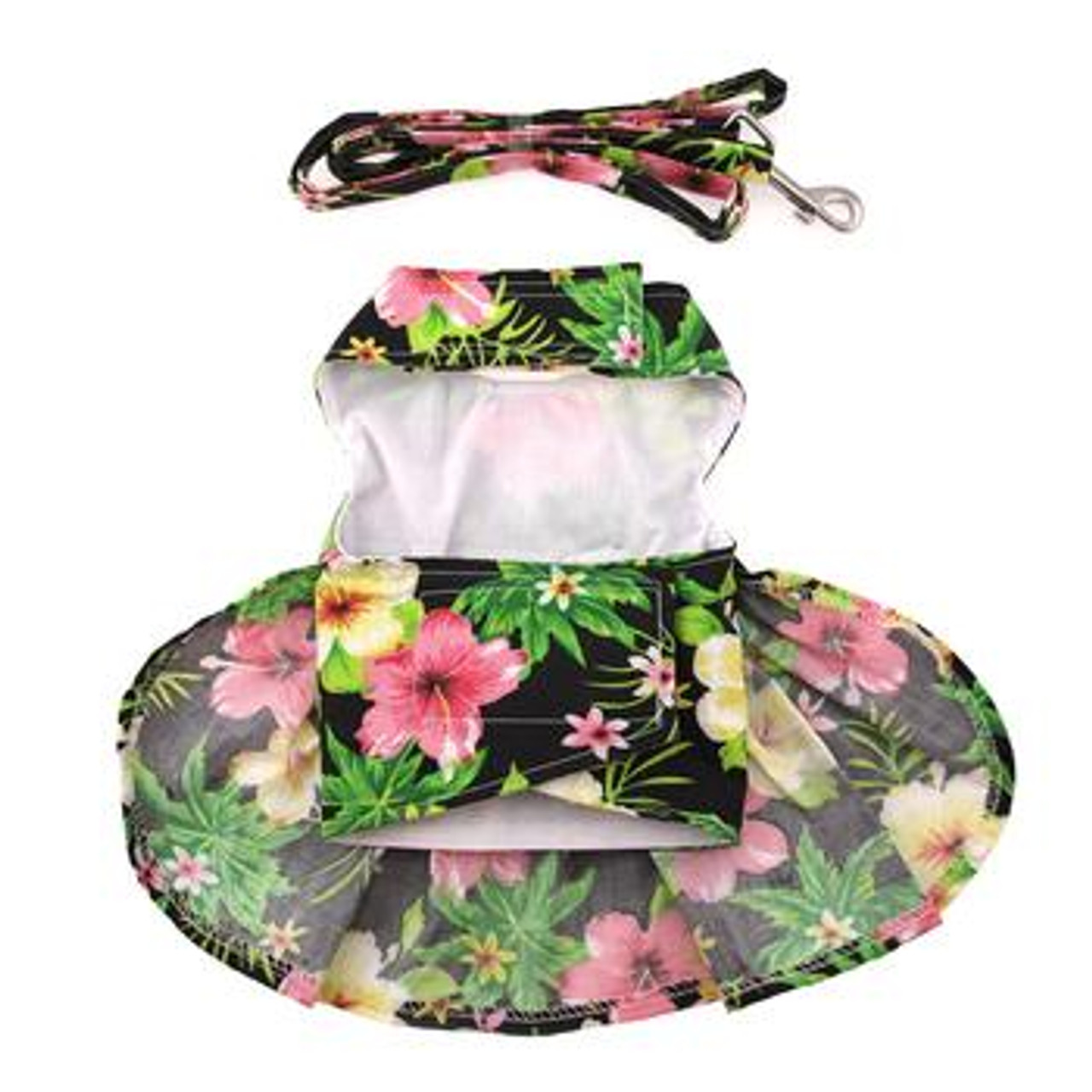 Twilight Black Hawaiian Hibiscus Dog Dress with Matching Leash