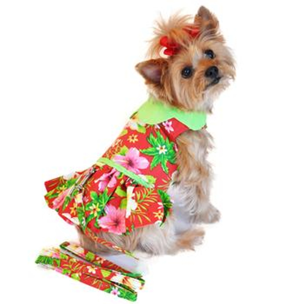 Hawaiian Red Hibiscus Designer Dog Dress with Matching Leash