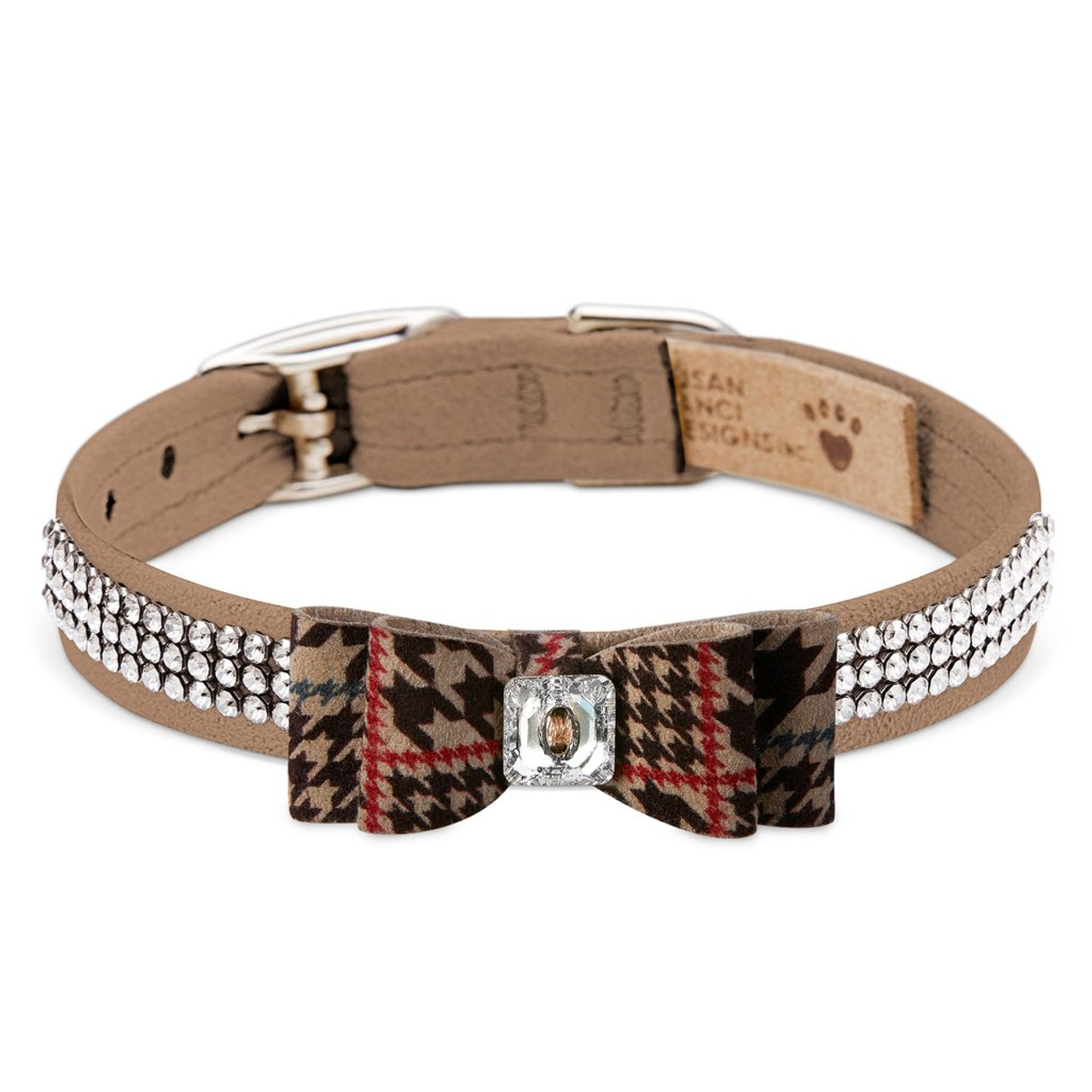 Susan Lanci Chocolate Glen Houndstooth Big Bow 3 Row Giltmore Collar