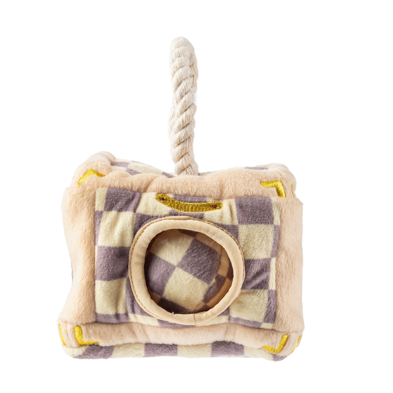 Chewy Vuiton Checker Trunk Dog Toy- shop now!