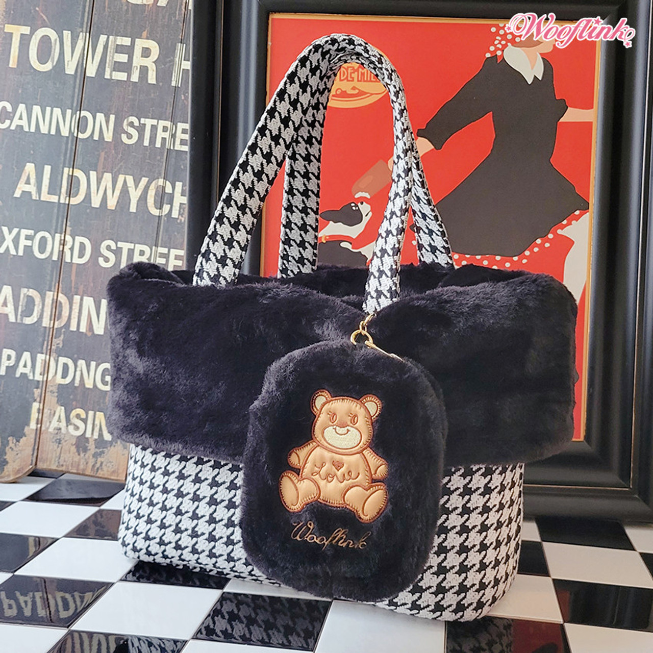 Wooflink Luxe Bag ♥ Houndstooth with Removable Fur