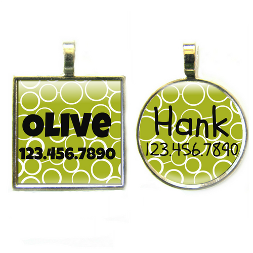 Modern Green Circles Silver Pet ID Tags