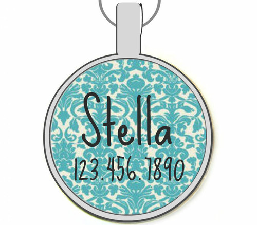 Turquoise Blue Damask Silver Pet ID Tags