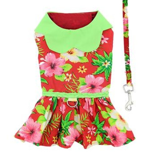 Hawaiian Red Hibiscus Designer Dog Dress with Matching Leash