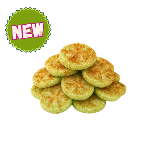 A pile of cucumber lime gummy candies displayed on a white background. The gummies are green with a light sugar coating, and are shaped in small, rounded pieces. They offer a refreshing and tangy flavor combination of cool cucumber and zesty lime.