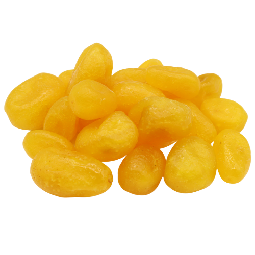 A small pile of dried yellow kumquats displayed on a white background. The kumquats have a glossy, slightly translucent surface with a plump, chewy texture, and are known for their sweet-tart citrus flavor.