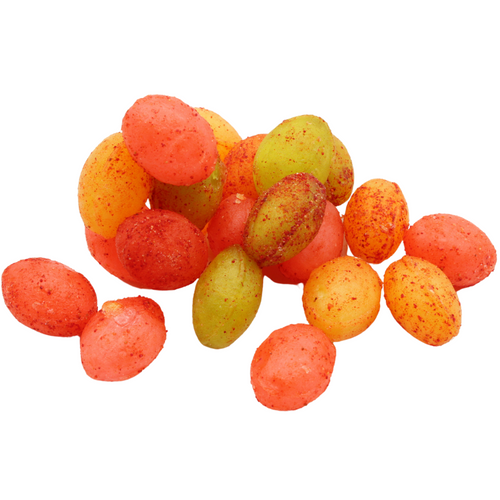 A colorful pile of assorted hard candies coated in red li hing powder. The candies come in shades of red, orange, yellow, and green, with a glossy surface and a generous dusting of tangy-sweet li hing seasoning. A colorful pile of assorted hard candies coated in red li hing powder. The candies come in shades of red, orange, yellow, and green, with a glossy surface and a generous dusting of tangy-sweet li hing seasoning.