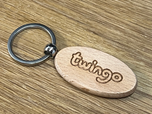Oval Wooden Keyring with Mk 1 Renault Twingo Logo engraved on it