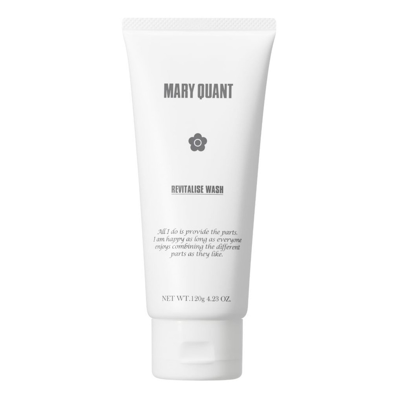 A face wash creating a rich, creamy lather for moisturised skin. Image shows a white tube with MARY QUANT REVITALISE WASH and the Mary Quant Daisy printed on the side.