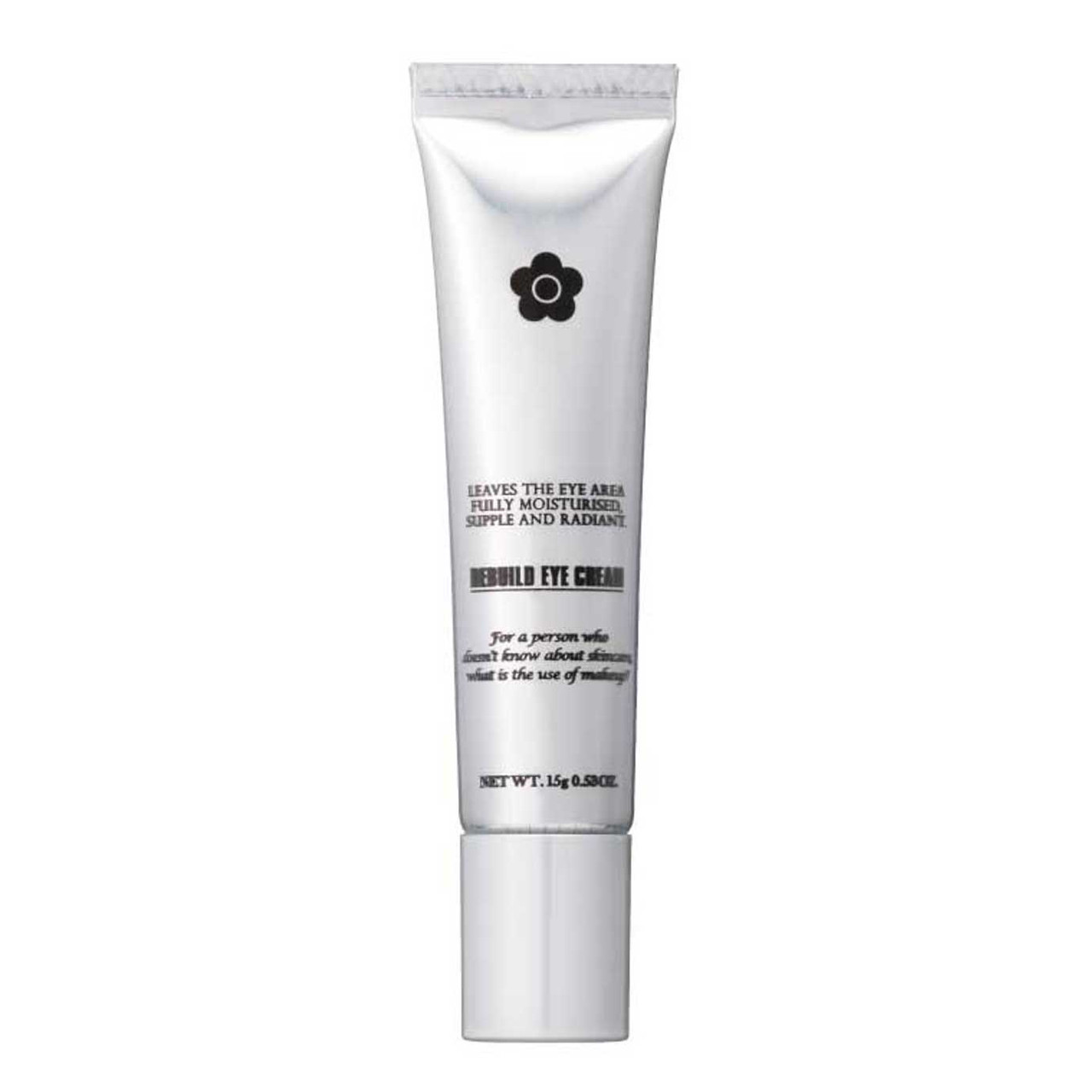 A silver tube of eye cream with Mary Quant Rebuild Eye Cream and the Mary Quant Daisy printed on the front.