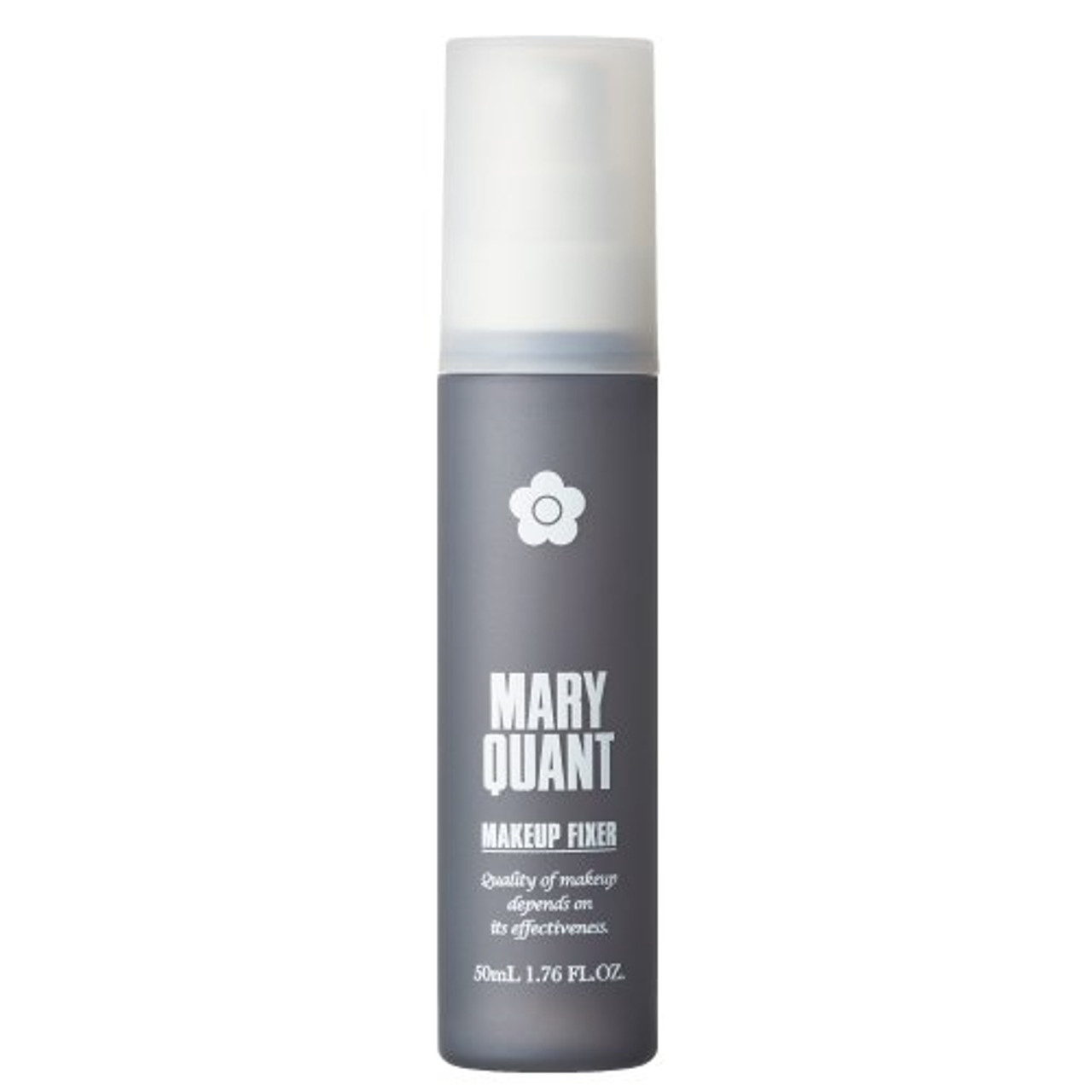 A grey bottle with MARY QUANT MAKEUP FIXER and the Mary Quant Daisy printed on the front. This setting spray helps keep makeup looking fresh for longer with no need for touch ups