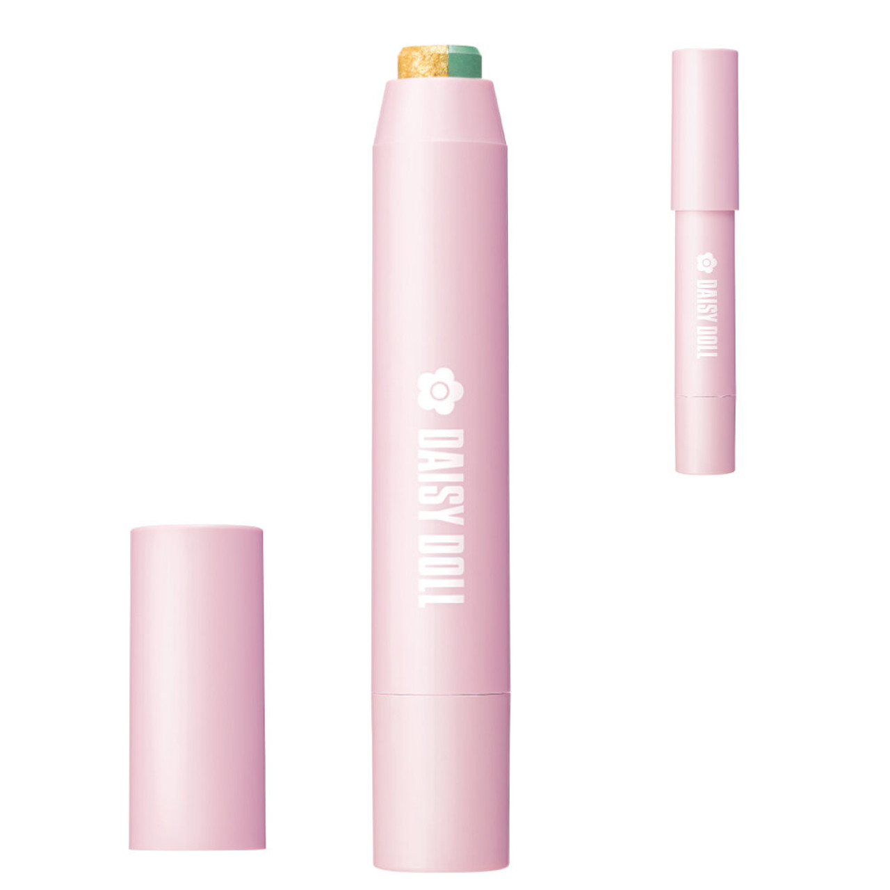 A pink eyeshadow stick with Daisy Doll and the Mary Quant Daisy printed on the side in white. The cap is off, showing the stick eyeshadow. There is a smaller image showing the stick with the cap on to the side. This shade is G01, lime fizz. The right side of the eyeshadow is sparkly lime green, and the left side is sparkly yellow gold.