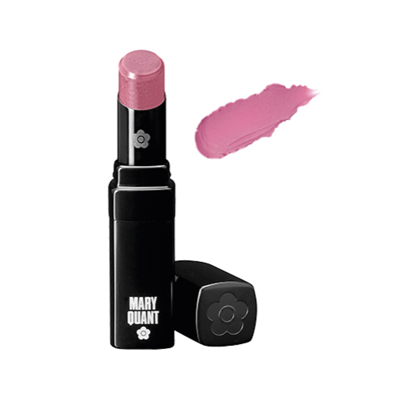 A tube of lipstick with the cap off and a swatch of colour to the right. This shade is P10, a mauve-based pink.