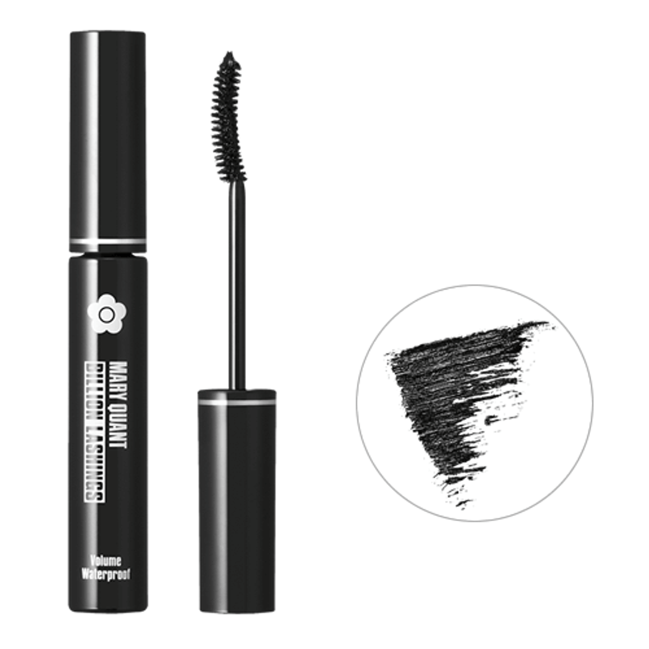 Volumizing mascara with its curved brush adds thickness, curl, length and bold colour. There is a tube of mascara with Mary Quant Billion Lashings and the Mary Quant Daisy printed on the side. Next to the tube is the curved applicator. There is also a smudge of colour to show the mascara's colour, this shade is Waterproof EBONY BLACK and is a true black.