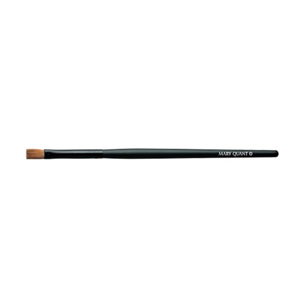 The Lip Brush is pictured, it is a slim, precise brush with brown bristles and a long black handle with the Mary Quant Daisy printed on it.