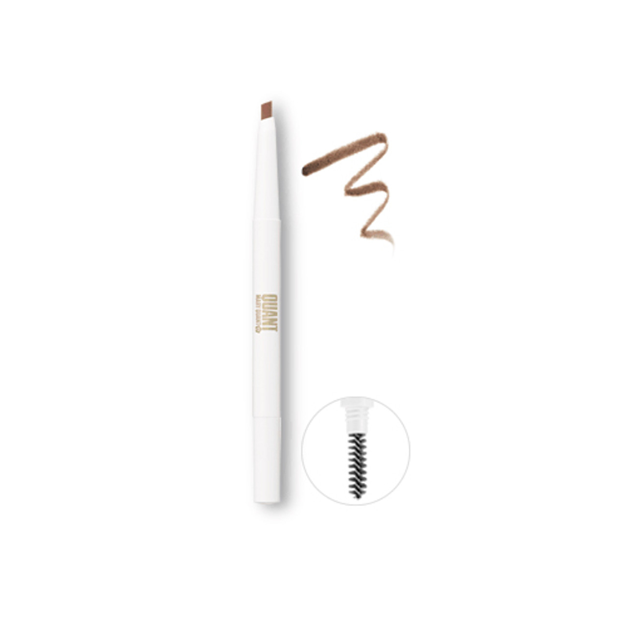 A white brow pencil with Quant by Mary Quant printed on the side. The tip is brown, and there is a swatch of the medium brown shade to the right of the product. There is also a close up on the spoolie at the end of the product. This extendable, oval-tipped brow pencil is kind to skin, adheres well and is able to create excellent brow definition with ease.