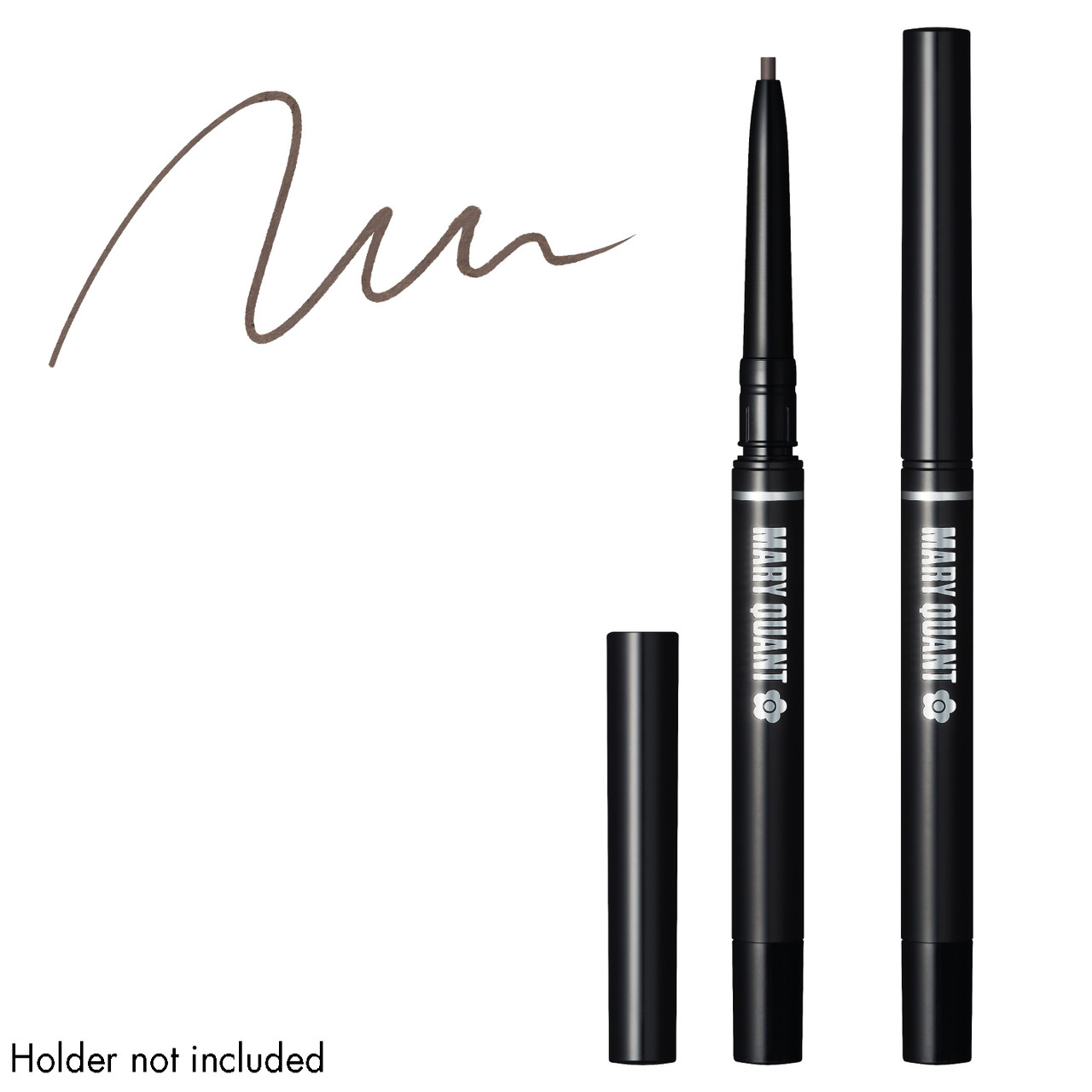 Brow Liner Cartridge set into Liner Holder (Sold Separately).  To the right there is an image of the liner set into liner holder with the cap on. Both Liner Holders have Mary Quant and the Mary Quant Daisy printed on them. There is a scribble of colour in the top left, this shade is 01 Ash Grey. Text reads holder sold separately.