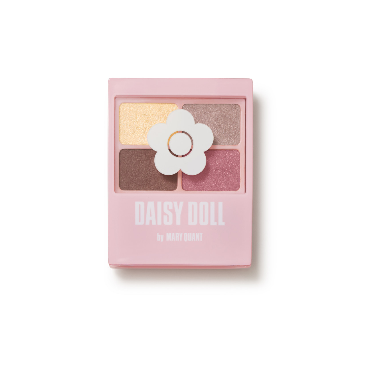 An eye colour palette with Daisy Doll by Mary Quant and the Mary Quant Daisy printed on the front. This shade is GR-01 Pink Grey. The four eyeshadow colours are (from top left, clockwise) light gold, grey taupe, cool pink, dark pinkish-brown.