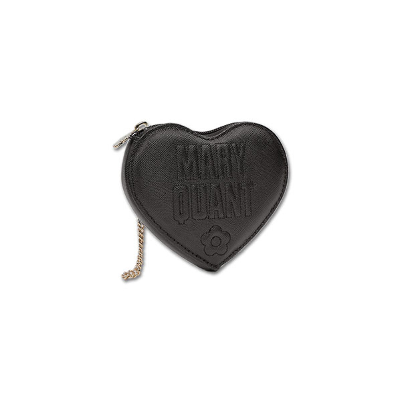 A black heart shaped mini pouch. It is made of pleather and has Mary Quant and the Mary Quant Daisy on the front. The zip is daisy shaped and gold and there is a gold chain which you can use to attach the pouch to your bag.