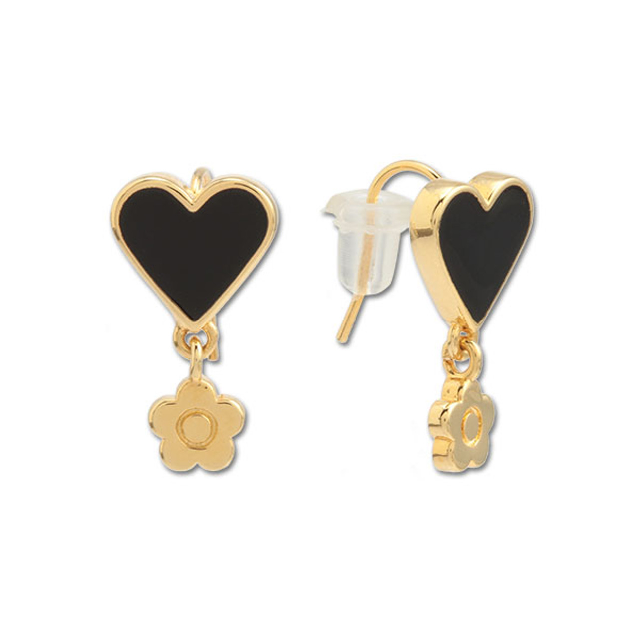 Black heart shaped resin earrings with a small gold Mary Quant daisy dangling from the bottom of each heart. You can see the post fastening of the earrings.