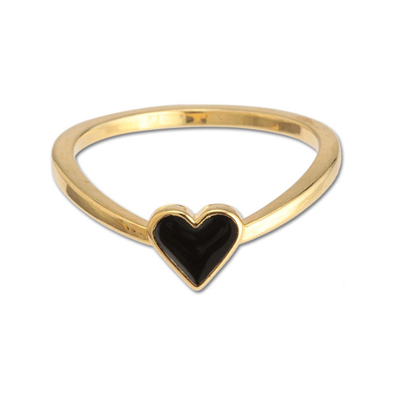 A delicate gold ring with a black resin heart shaped motif at the centre.